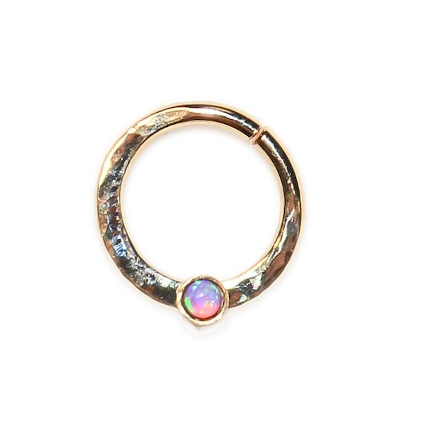 Purple Opal Hammered SEPTUM RING / nose ring, septum piercing, 14g cartilage earring, forward helix earring, tragus ring, gold conch earring