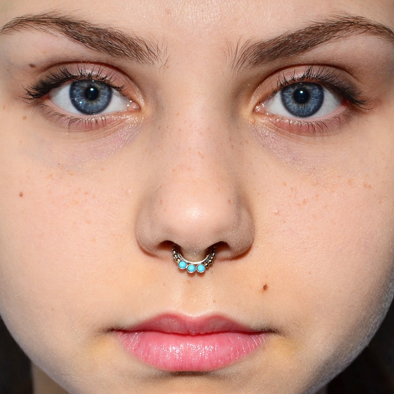 Silver SEPTUM RING 2mm Turquoise / helix piercing tragus image 3.
