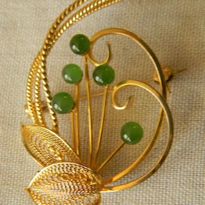 Vintage Faux Jade Gold Tone Filigree Brooch Pin Vintage Brooch