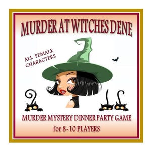 Pode incluir: Uma caixa de jogo com uma bruxa de desenho animado usando um chapéu verde e um vestido preto. O texto na caixa diz "Murder at Witches Dene" e "Murder Mystery Dinner Party Game for 8-10 Players".