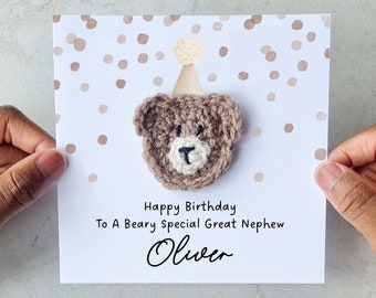 Personalised Great Nephew Birthday Card - Handmade Crochet Bear - Birthday Card For Great Nephew - 4th, 5th, 6th, 7th, 8th Birthday Card