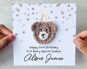 Personalised Crotchet Godson 1st Birthday Card - Handmade Crochet Bear - First Birthday Card For Godson - Custom First Birthday Gift Godson