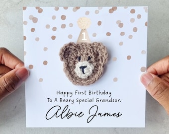 Personalised Crotchet Grandson 1st Birthday Card - Handmade Crochet Bear - First Birthday Card For Grandson - Custom First Birthday Gift