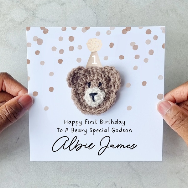 Personalised Crotchet Godson 1st Birthday Card - Handmade Crochet Bear - First Birthday Card For Godson - Custom First Birthday Gift Godson