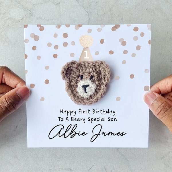 Personalised Crotchet Son 1st Birthday Card - Handmade Crochet Bear - First Birthday Card For Son - Custom Son First Birthday Card