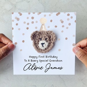 Personalised Crotchet Grandson 1st Birthday Card Handmade Crochet Bear First Birthday Card For Grandson Custom First Birthday Gift image 1