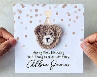 Personalised Crotchet 1st Birthday Card - Handmade Crochet Bear - First Birthday Card - For Boy - For Nephew - For Godson Grandson Son