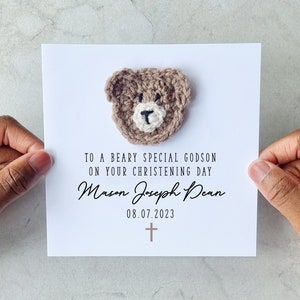 Personalised Godson Christening Card - Handmade Crochet Bear - Card For Godson On Christening Day - Christening Godson Keepsake