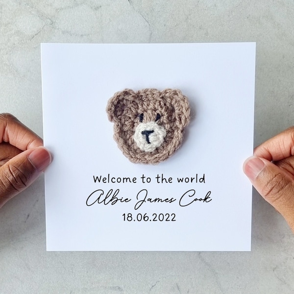 Personalised Crotchet New Baby Card - Handmade Crochet Bear - New baby Boy  Card - New Baby Girl Card - Bear Card For New Baby