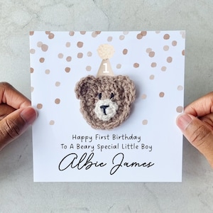 Personalised Crotchet 1st Birthday Card - Handmade Crochet Bear - First Birthday Card - For Boy - For Nephew - For Godson Grandson Son