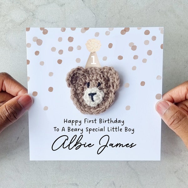 Personalised Crotchet 1st Birthday Card - Handmade Crochet Bear - First Birthday Card - For Boy - For Nephew - For Godson Grandson Son