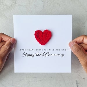 Wool 7th Wedding Anniversary Card Wool Wedding Anniversary Card Crotchet Heart Anniversary Card For Husband Or Wife 7th Anniversary image 1