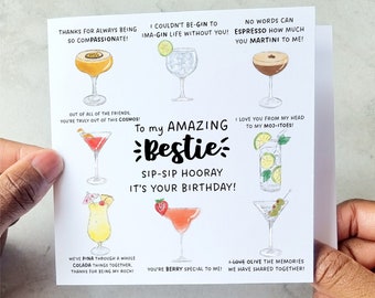 Carte d'anniversaire Cocktail Bestie - Carte d'anniversaire pour meilleur ami - Carte d'anniversaire pour ami - Carte Best Friend - Carte imprimée d'anniversaire Bestie