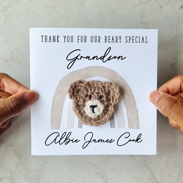 Personalised Thank You For New Grandson Card - Handmade Crochet Bear - Baby Grandson Card - Birth Of Baby Grandson - Rainbow Bear -Granchild