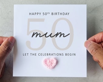 50th Mum Birthday Card - Handmade Crochet Heart - 50th Card For Mum - 50th Birthday Card Mum - Mum CrochetCard - Keepsake Gift For Mum