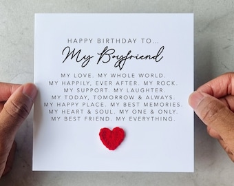 My Boyfriend Birthday Card - Handmade Crochet Heart - Birthday Card For Boyfriend - Poem Card For Birthday - Romantic Birthday Card