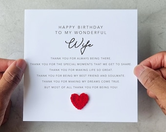 Tarjeta de cumpleaños de esposa romántica - Corazón de crotchet hecho a mano - Tarjeta de cumpleaños para esposa - Tarjeta de esposa de poema para cumpleaños - Regalo de cumpleaños de esposa