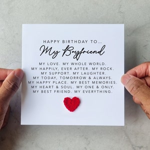 Carte d'anniversaire mon petit ami - coeur au crochet fait main - carte d'anniversaire pour petit ami - carte poème pour anniversaire - carte d'anniversaire romantique