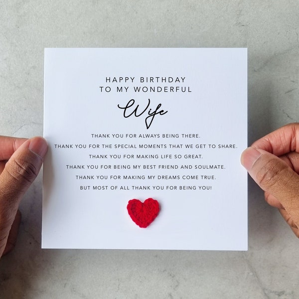 Romantic Wife Birthday Card - Handmade Crotchet Heart - Birthday Card For Wife - Poem Wife Card For Birthday - Wife Birthday Gift