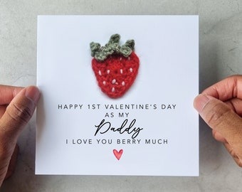 1st Daddy Valentines Card - Handmade Crotchet Strawberry - First Valentines As My Daddy Card - Valentine’s Day Card From Son Or Daughter