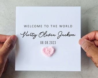 Personalised Crotchet New Baby Card - Handmade Crochet Pink Heart - New baby Girl Card  - Card For New Baby Girl - Welcome To The World