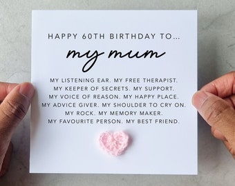 Poem 60th Mum Birthday Card - Handmade Crochet Heart - 60th Card For Mum - Special Mum 60th Card - Mum Crotchet Card - Keepsake Gift