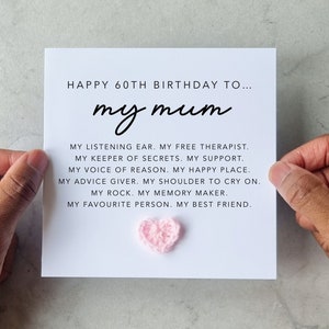 Poem 60th Mum Birthday Card - Handmade Crochet Heart - 60th Card For Mum - Special Mum 60th Card - Mum Crotchet Card - Keepsake Gift