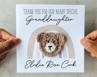 Tarjeta personalizada de agradecimiento por el nacimiento de una nieta - Oso de crochet hecho a mano - Bebé nieta - Nacimiento de una bebé nieta - Nieto