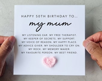 Poem 50th Mum Birthday Card Handmade Crochet Heart 50th Card