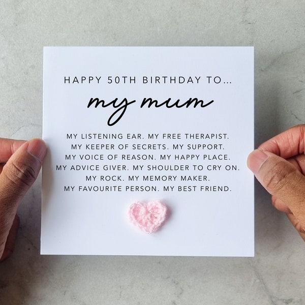 Poem 50th Mum Birthday Card - Handmade Crochet Heart - 50th Card For Mum - Special Mum 50th Card - Mum Crotchet Card - Keepsake Gift