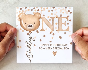 Tarjeta personalizada de primer cumpleaños con globo - Tarjeta de primer cumpleaños para hijo, sobrino o nieto - Tarjeta para bebé - Tarjeta personalizada para primer cumpleaños