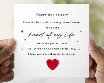 Heart Of My Life Anniversary Card - Handmade Crochet Heart - Anniversary Card For Husband, Wife, Boyfriend, Partner, Him Or Her