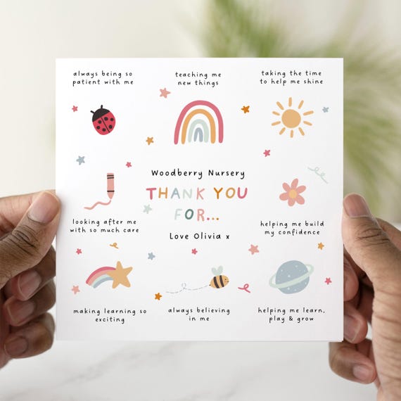 Personalised Nursery Thank You Card, Keyworker Appreciation Card, Thank You Card For Nursery, End Of Term Gift, Nursery Worker Card