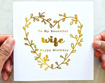 Wreath Wife Birthday Card - Wife Card - Birthday Card For Wife- Birthday Card For Her - Gold foil  - Wife Special Birthday Cards