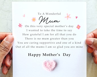 Happy Mothers Day Card - Handmade Crochet Heart - Poem Mother’s Day Card For Mum - Mum Keepsake Mothers Day Gift