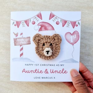 Personalised 1st Auntie And Uncle Christmas Card - Handmade Crochet Bear - First Christmas As Auntie And Uncle Card - Keepsake Christmas