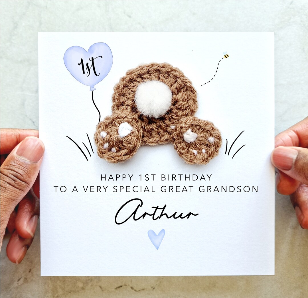 Personalised Great Grandson 1st Birthday Card - Handmade Crochet Bunny ...