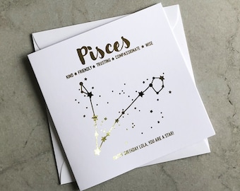 Personalised Gold Foil Pisces Birthday Card - Star Sign Birthday Card - Pisces Birthday Card - Star Constellations Card - Card For Her