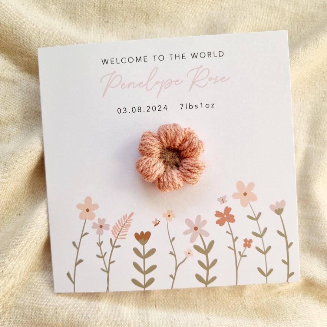 Personalised Crochet New Baby Card - Handmade Crochet Puff Flower - New ...