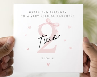 Personalised 2nd Birthday Card for Girl, Pink Bow Second Birthday Card, Custom Baby Girl Birthday Card with Name, Two Birthday Keepsake Card