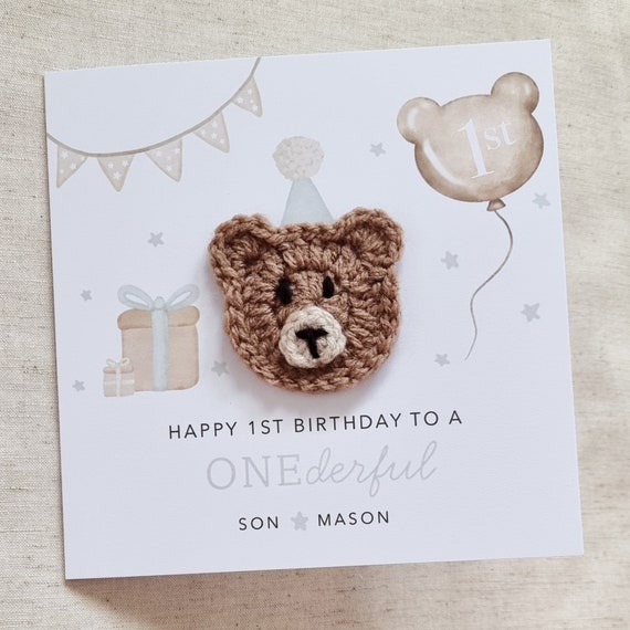 Personalised Crochet 1st Birthday Card - Handmade Crochet Bear - First Birthday Card - Keepsake For Little Boy Nephew Son Grandson