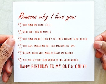 Reasons why I Love You" Birthday Card - Girlfriend Birthday Card - Boyfriend Birthday Card - Birthday Card for Husband or Wife - Red Foiled