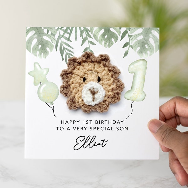 Tarjeta personalizada de primer cumpleaños para hijo de Safari Lion - León de crochet hecho a mano - Tarjeta de primer cumpleaños para hijo - Tarjeta de primer cumpleaños - Tarjeta para hijo