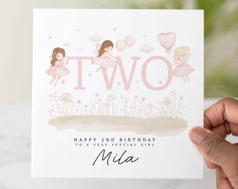 2nd Birthday Card Girl, Personalised 2nd Birthday Card For Baby Girl, Daughter, Granddaughter, Niece, Cute Girl Fairy Design