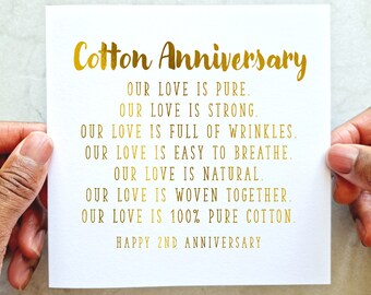 2nd Wedding Anniversary Card - Cotton Anniversary Wedding Card - 2 Year Anniversary Card For Husband Or Wife - Gold Foil
