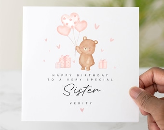 Jolie carte d'anniversaire soeur, carte d'anniversaire personnalisée pour soeur, carte pour soeur, conception d'anniversaire ours