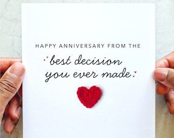 Best Decision Funny Anniversary Card - Handmade Crochet Heart - Anniversary Card For Partner, Husband, Wife, Boyfriend, Him Or Her