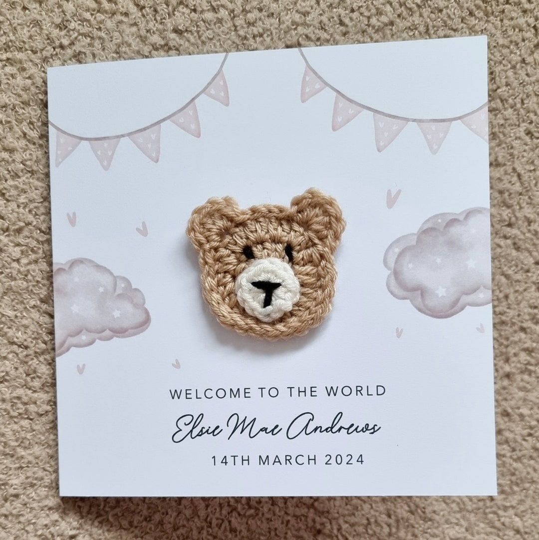 Personalised Crochet New Baby Card - Handmade Crochet Bear - New Baby ...