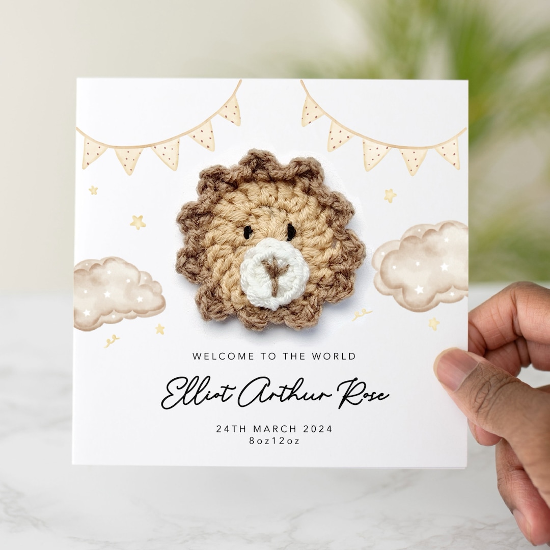 Personalised Crochet Lion New Baby Card - Handmade Crochet Lion - New ...