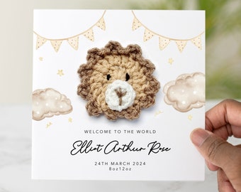 Gepersonaliseerde gehaakte leeuw nieuwe babykaart - handgemaakte gehaakte leeuw - nieuwe kaart jongen - nieuwe kaart meisje baby - leeuwkaart voor nieuwe baby